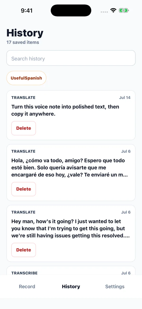 SayCopy History screen with a search field, a tag filter, and saved transcriptions and translations