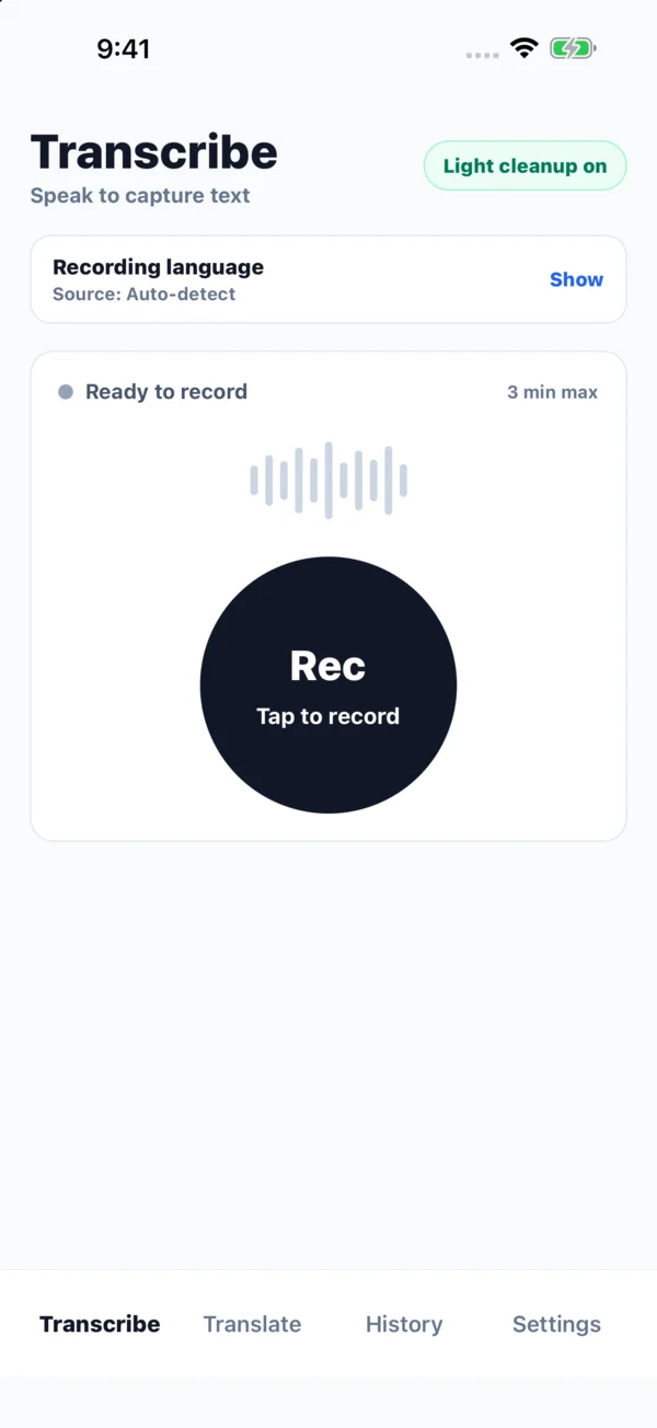 SayCopy Transcribe screen with the recording language and a large record button