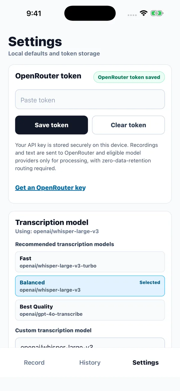SayCopy Settings screen for the OpenRouter token and model choices